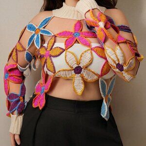 Apricot Casual Women's Plus Size Floral Crochet Hollow Out Sexy Sweater